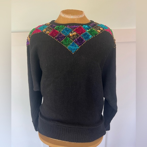 Vintage Victoria Jones black Women's sequin embellished ramie Sweater size Large - Picture 1 of 10